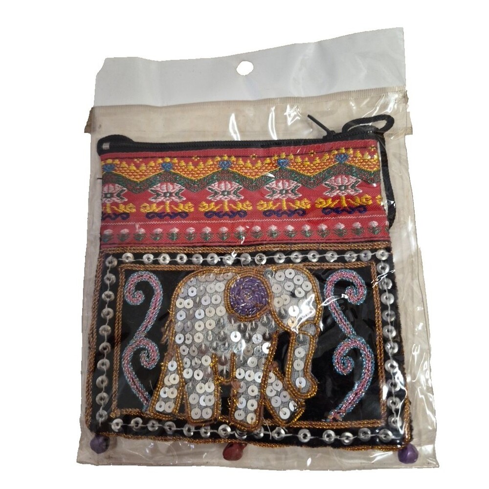 Elephant Sequined Coin Purse Crossbody Bag Boho Festival Thai Hippie Pink 5x4.5 - Picture 2 of 8